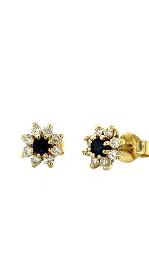 Vintage 14K Gold Cluster Stud Earrings with Sapphire and Diamond